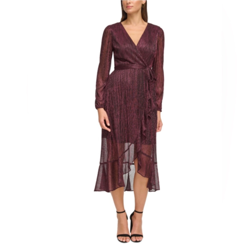 Kensie Ruffled Faux-Wrap Burgundy Dress Size 14 NWT